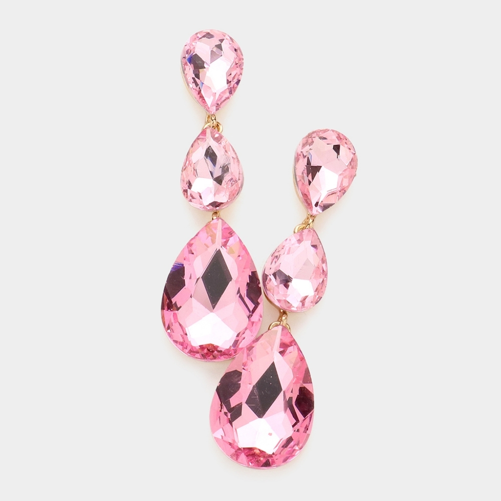 Pink Dangle Crystal Earrings 2.75 Inch Triple Tear Drop Jewelry